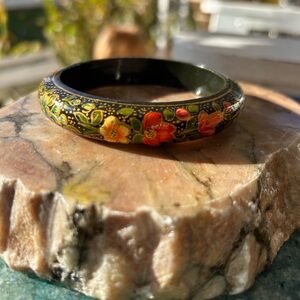 Vintage Russian Hand-Painted Floral Wood Bangle Bracelet